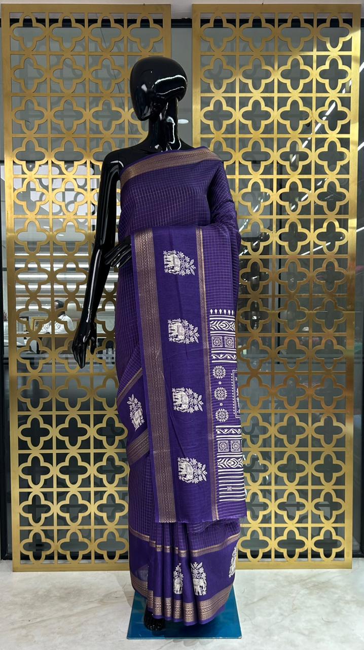 Purple Printed With Unstitched Blouse Piece  Silk Blend Saree